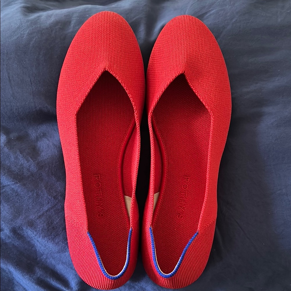 Rothy's Bold Red Loafers with Blue Trim